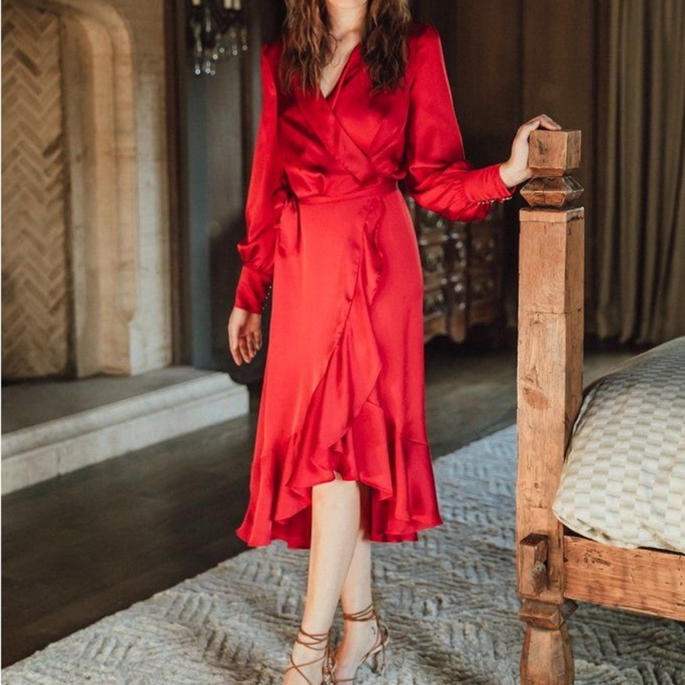 Sukiso Emma Red Wrap Midi Dress Ruffles